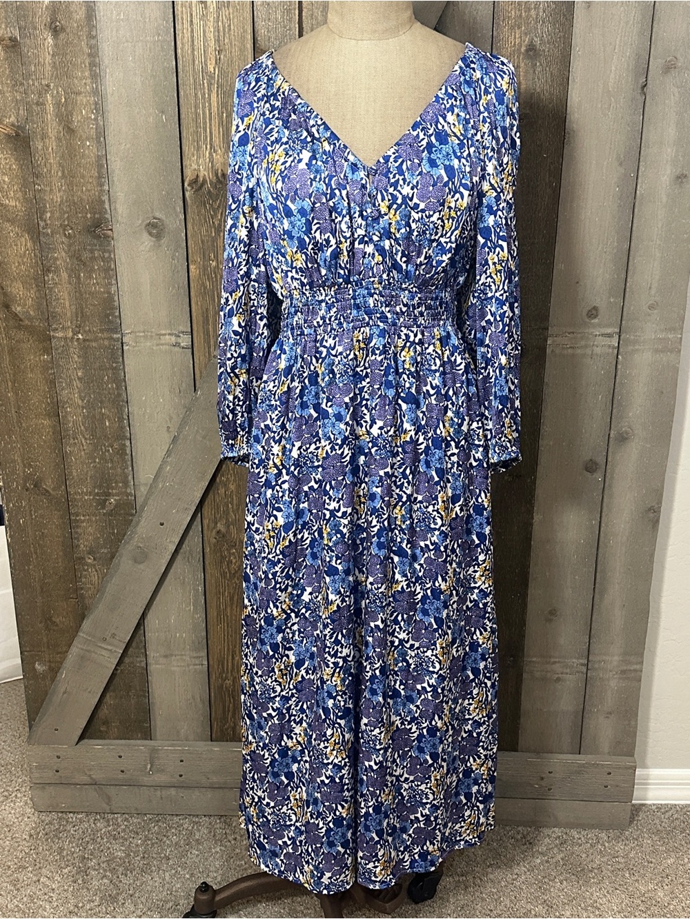 J.Crew Blue Purple Floral Smocked Midi Dress Long Sleeve Cottagecore XS